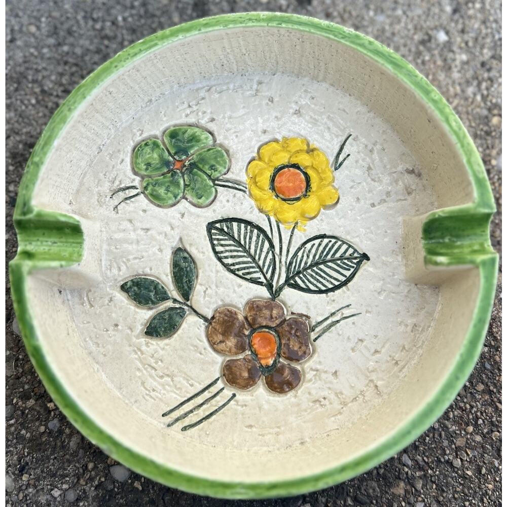 Rosenthal Netter Vintage Ashtray MCM Decor Made In Italy Floral Green Yellow